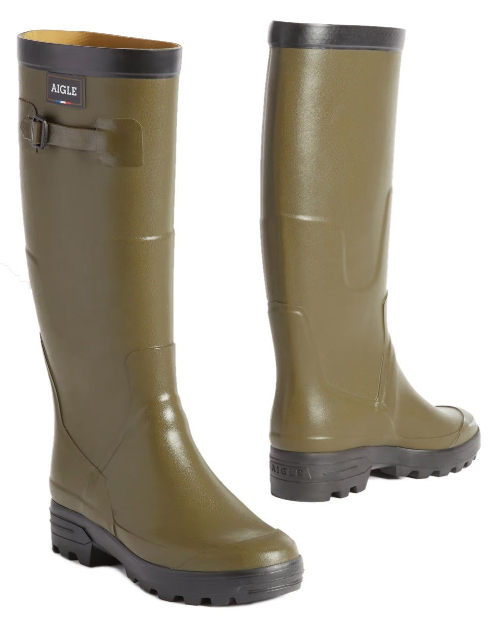 Khaki coloured Aigle Benyl Wellington Boots on white background #colour_khaki