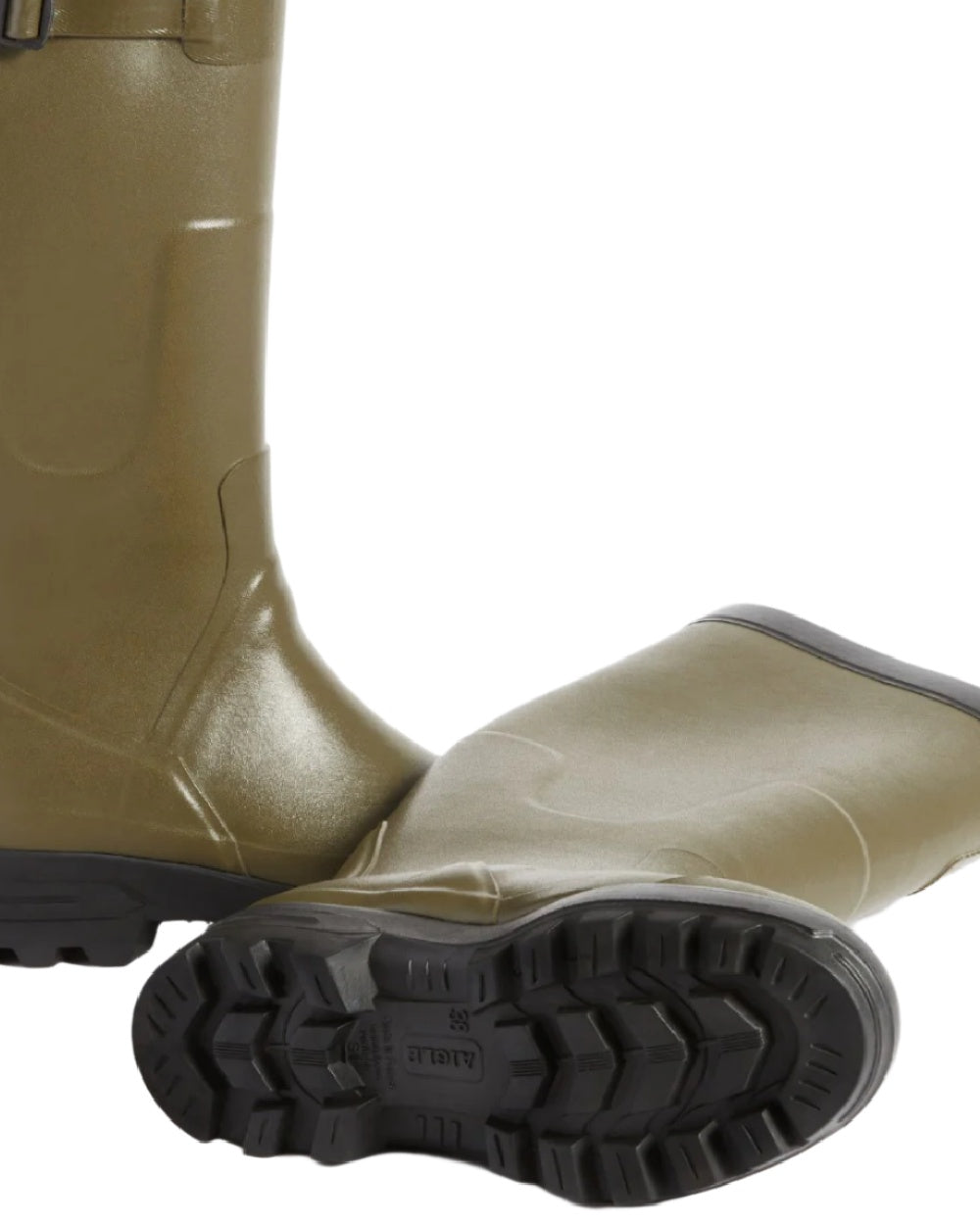 Khaki coloured Aigle Benyl Wellington Boots on white background #colour_khaki