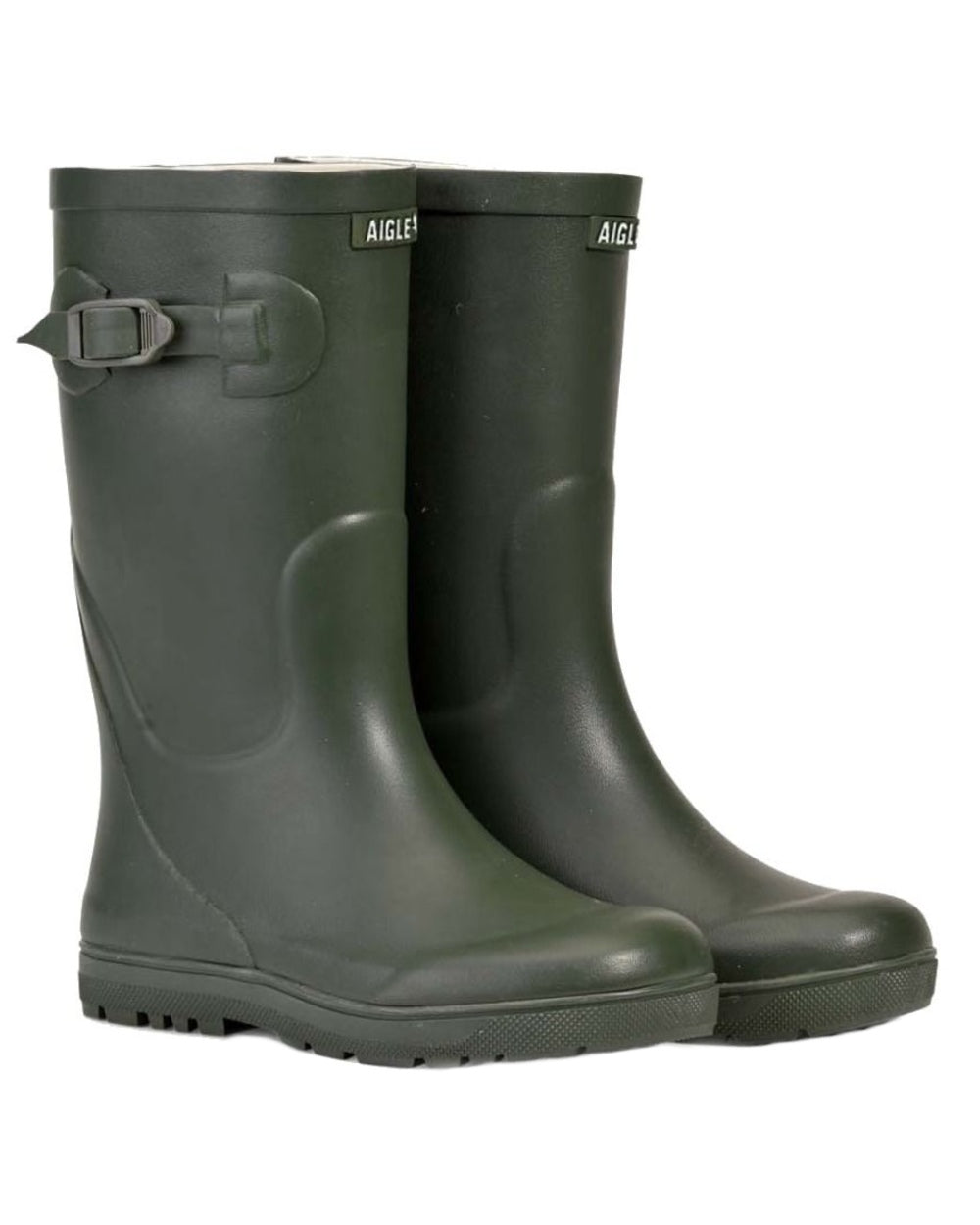 Kaki coloured Aigle Woody Pop 2 Childrens Wellington Boots on white background #colour_kaki