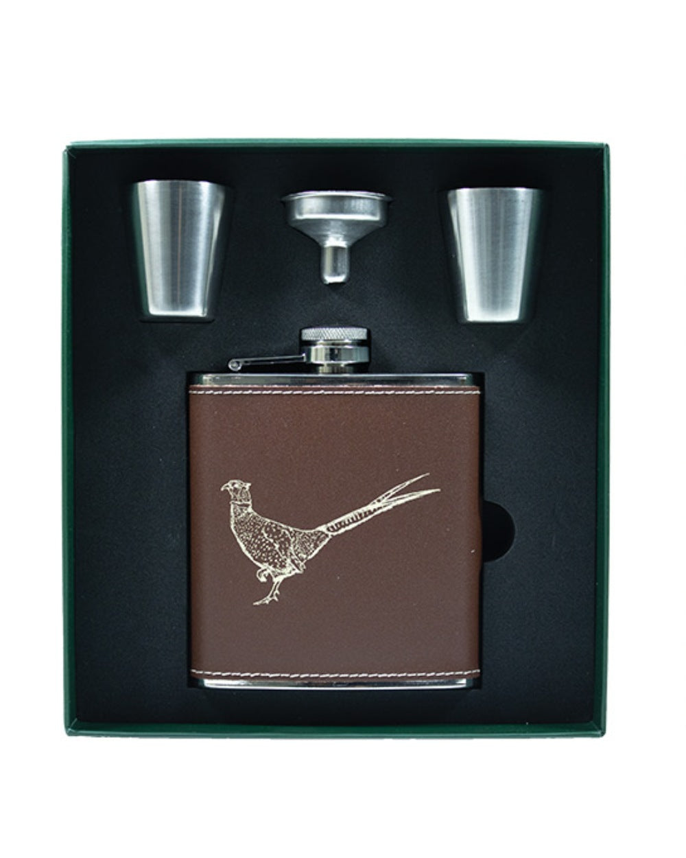 Bisley 6oz Brown Genuine Leather Flask Sets on white background #style_pheasant