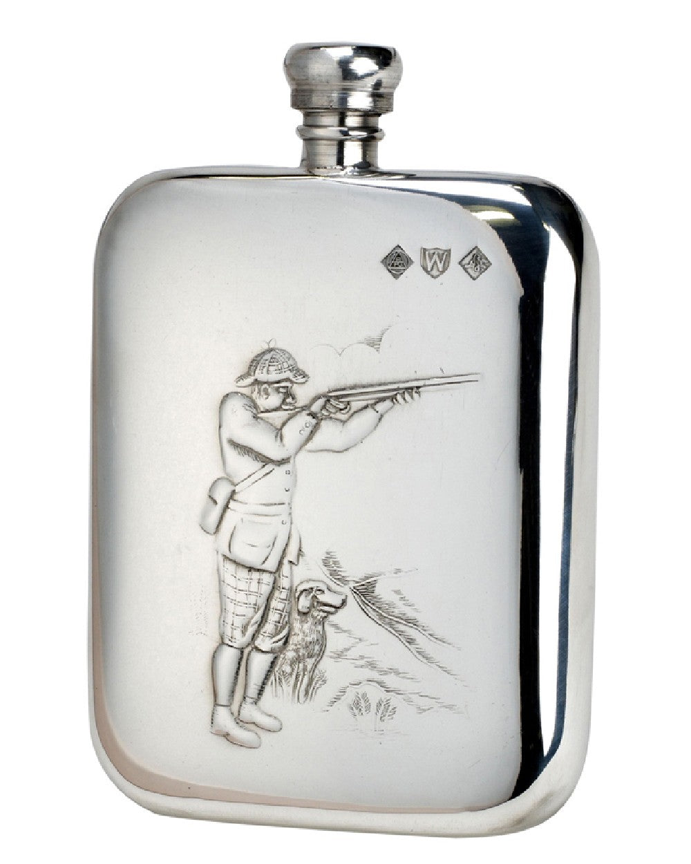 Bisley 6oz Shooter & Dog Pewter Rounded Flask On White Background