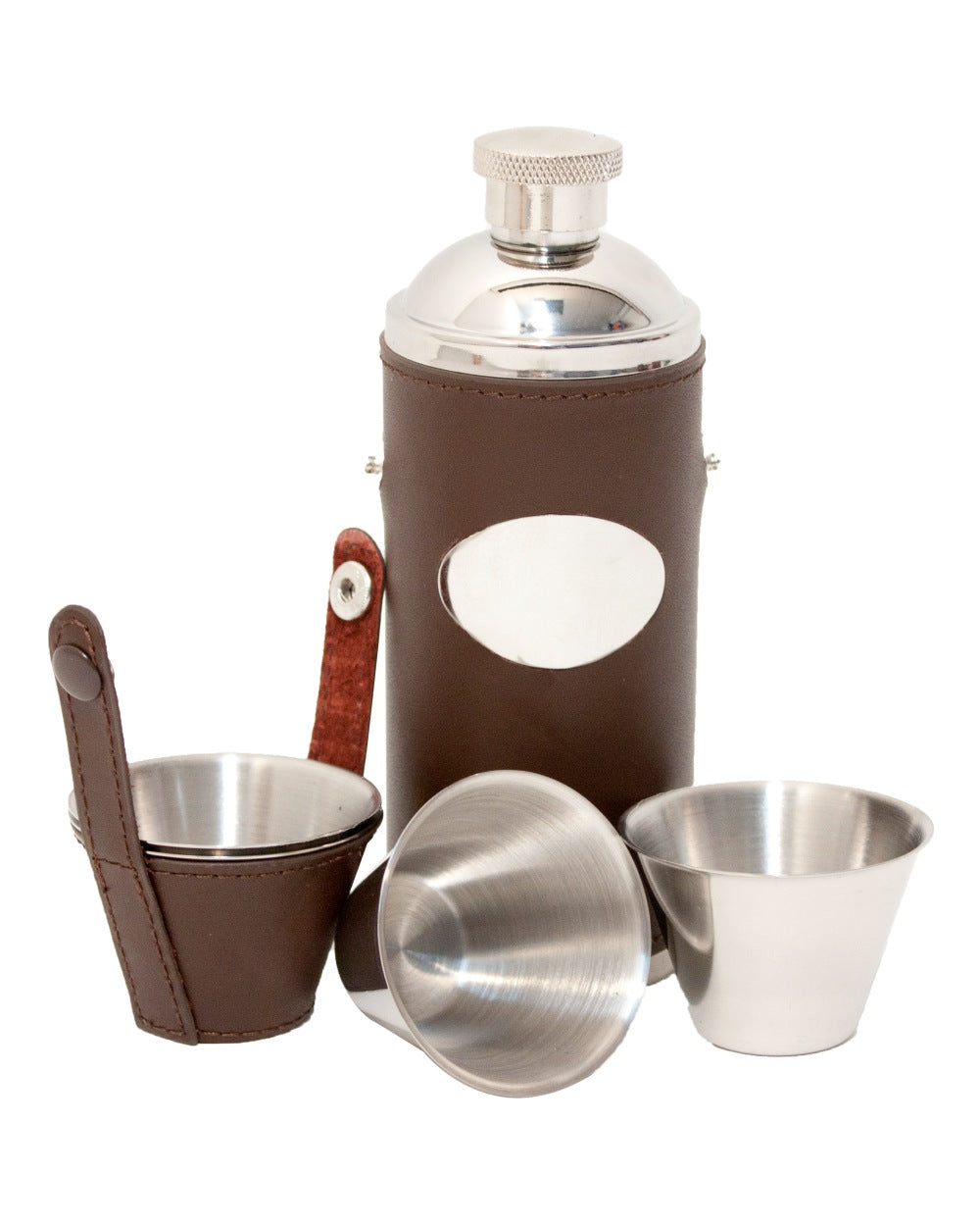 Brown Coloured Bisley David Nickerson Leather Hunter Flask on white background #colour_brown