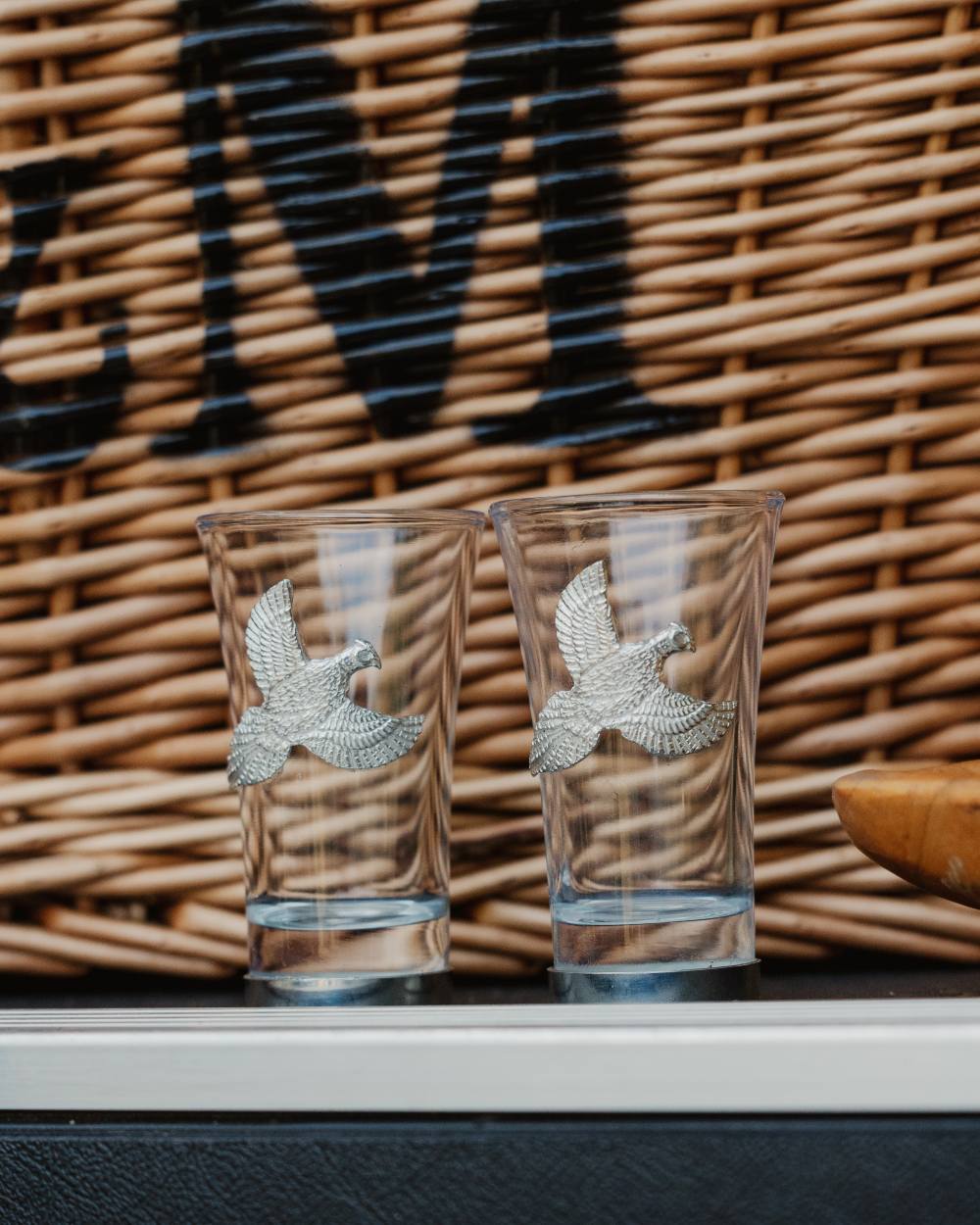 Bisley Shot Glasses In Flying Pheasant on table background #style_flying-pheasant