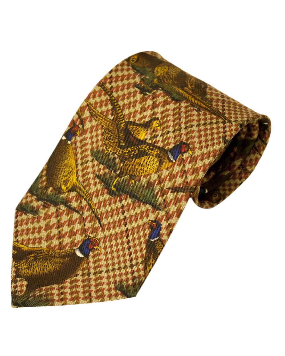 Brown Large Pheasants Style Bisley Silk Tie on white background #style_brown-large-pheasants
