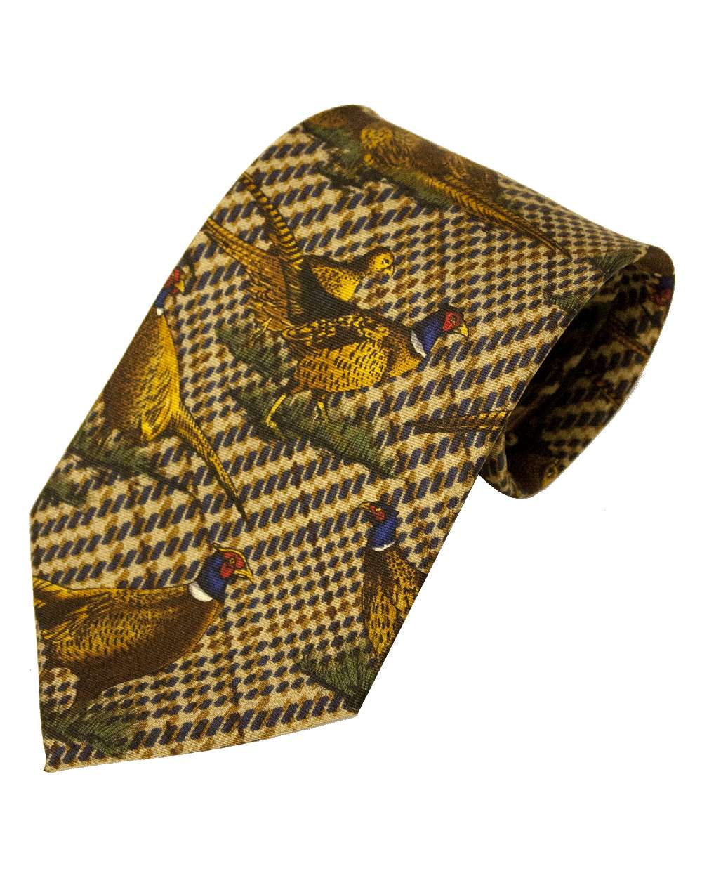 Green Large Pheasants Style Bisley Silk Tie on white background #style_green-large-pheasants