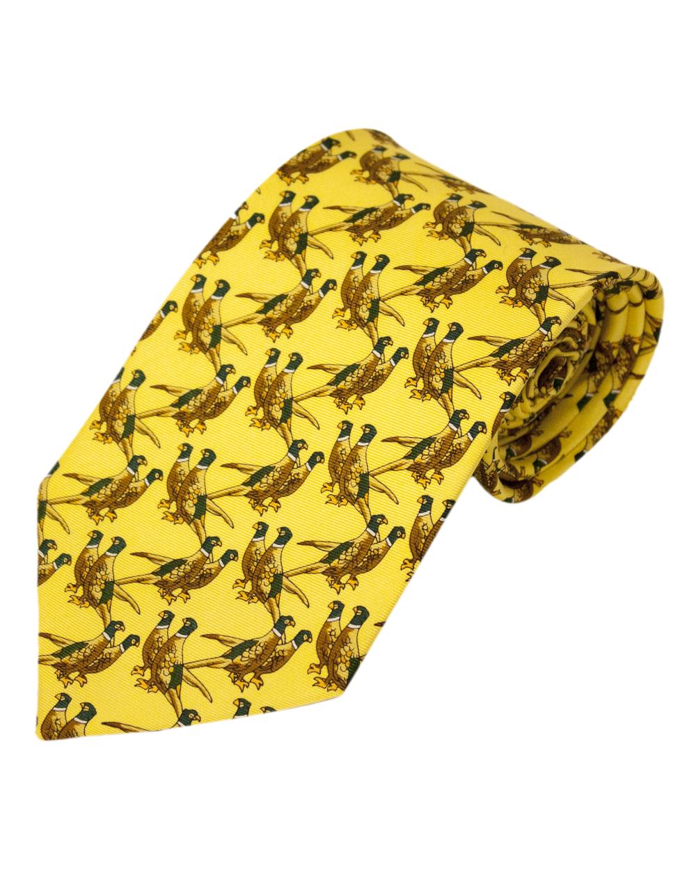 No 38 Solid Yellow Pheasants Style Bisley Silk Tie on white background #style_no-38-solid-yellow-pheasants