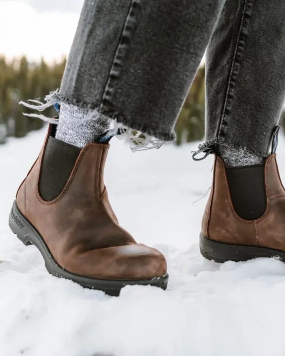 Antique Brown coloured Blundstone 1477 Antique Brown Waterproof Boots on snow background #colour_antique-brown