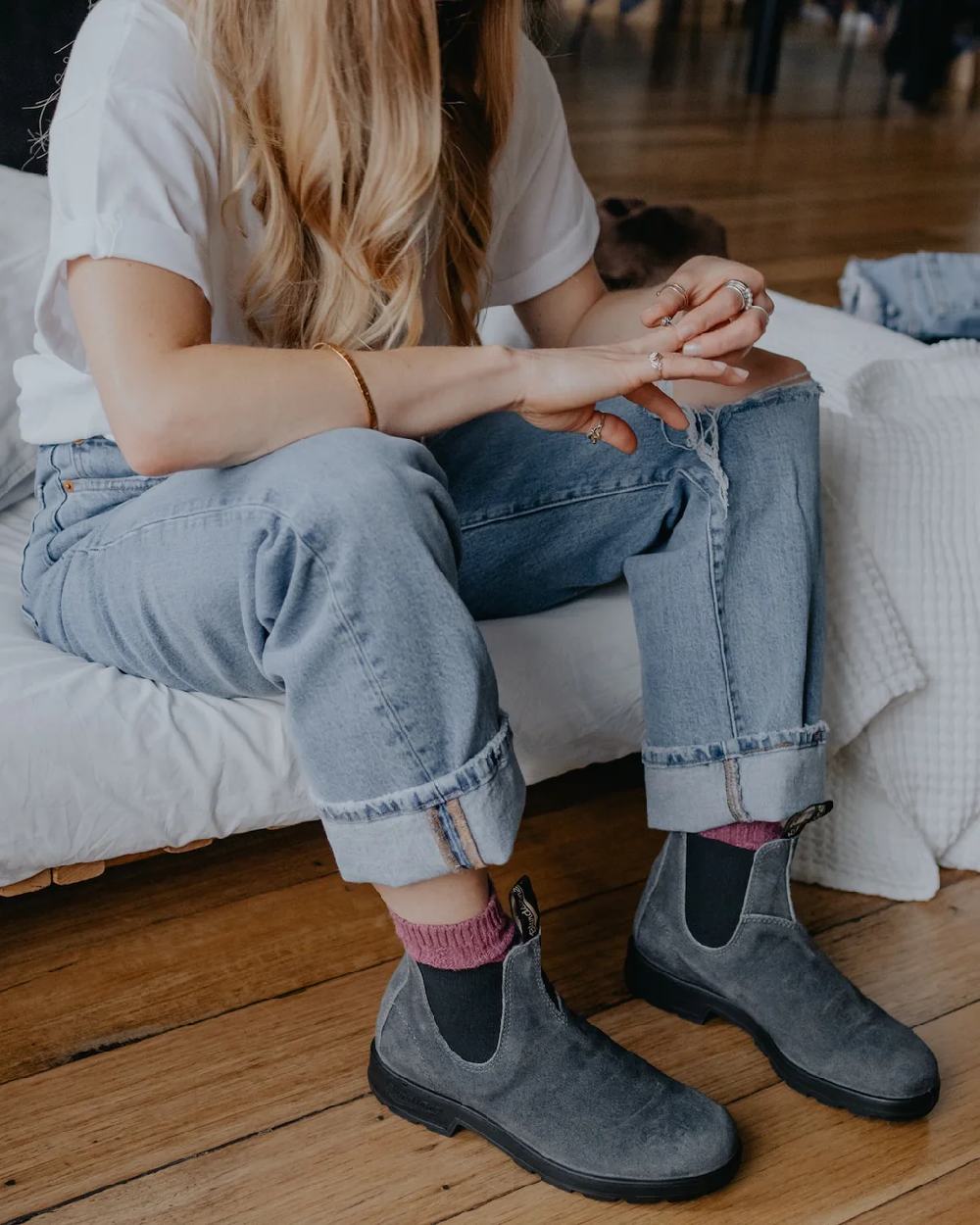 Steel Grey coloured Blundstone 1910 Steel Grey Suede Leather Chelsea Boots on house background #colour_steel-grey