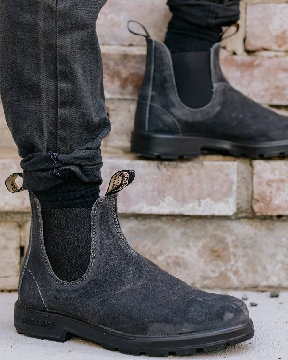 Steel Grey coloured Blundstone 1910 Steel Grey Suede Leather Chelsea Boots on stairs background #colour_steel-grey