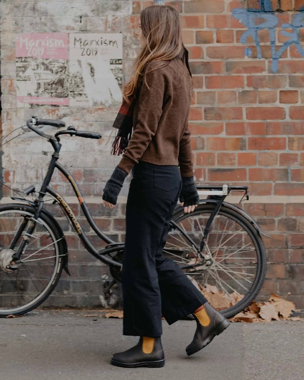 Dark Brown Mustard coloured Blundstone 1919 Dark Brown Mustard Leather Boots on street background #colour_dark-brown-mustard