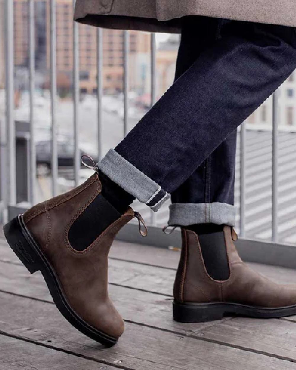 Antique Brown coloured Blundstone 2029 Brown Leather Chelsea Boots on balcony background #colour_antique-brown