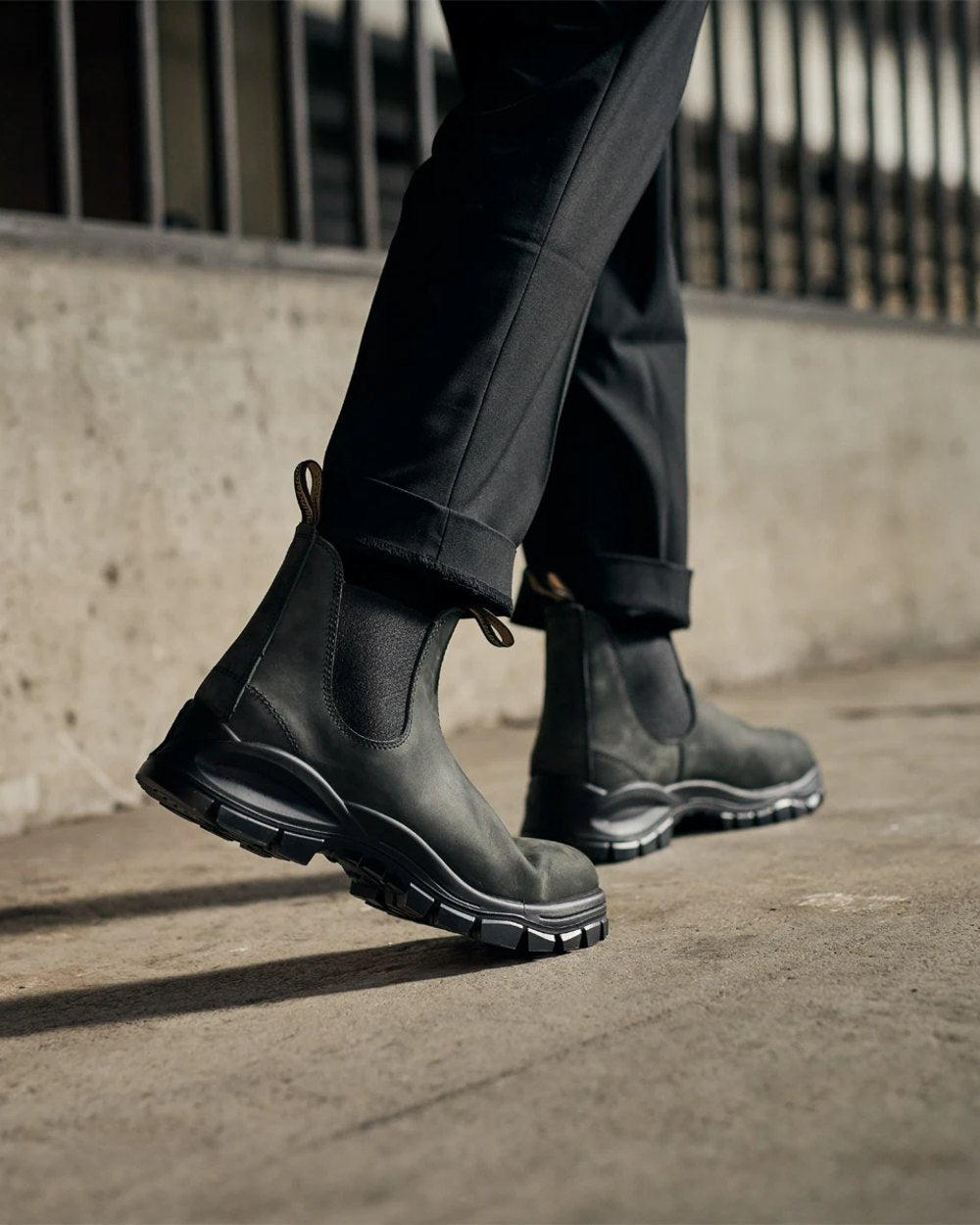 Rustic Black coloured Blundstone 2238 Leather Chelsea Boots on street background #colour_rustic-black
