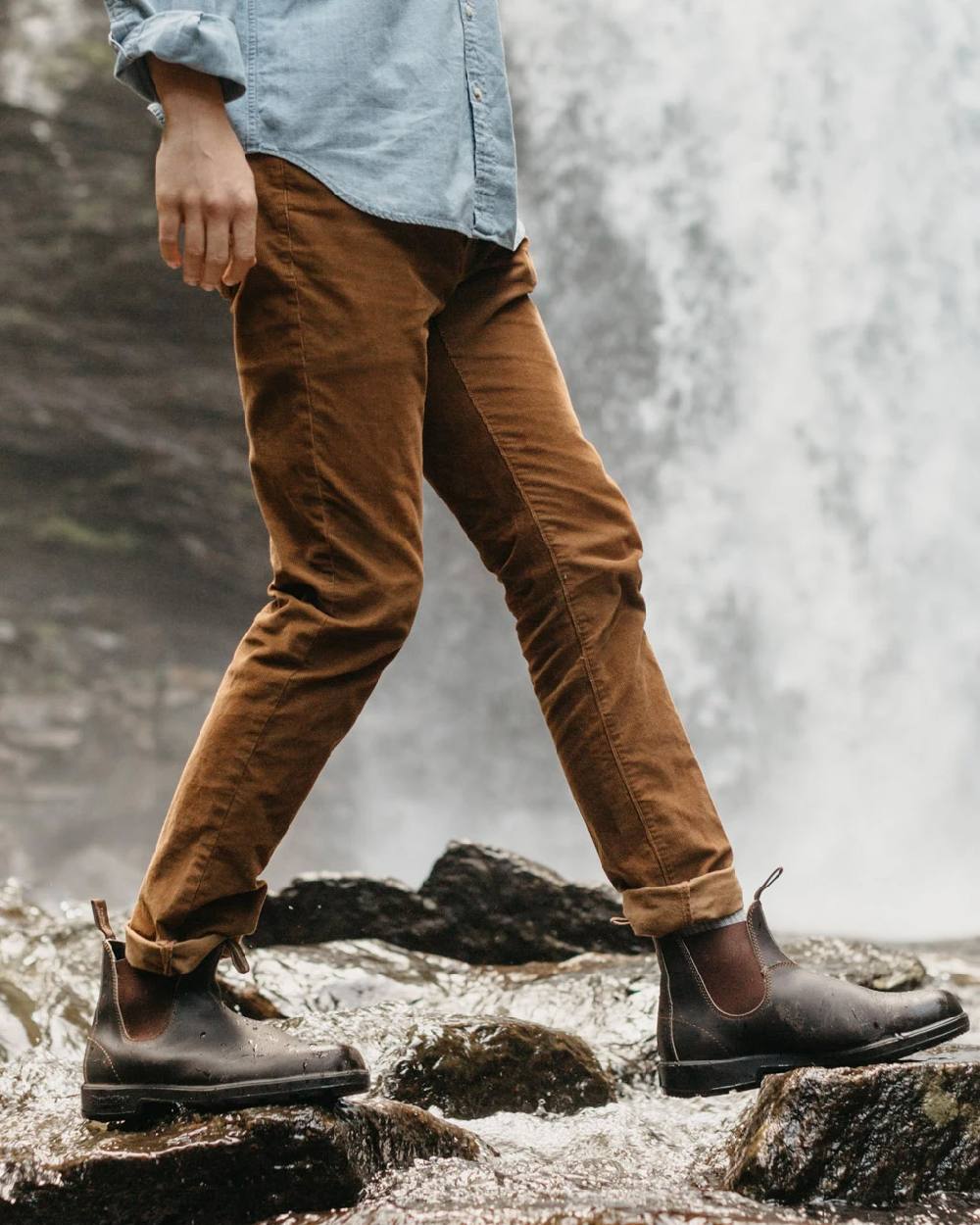 Stout Brown coloured Blundstone Original 500 Chelsea Boots on waterfall background #colour_stout-brown