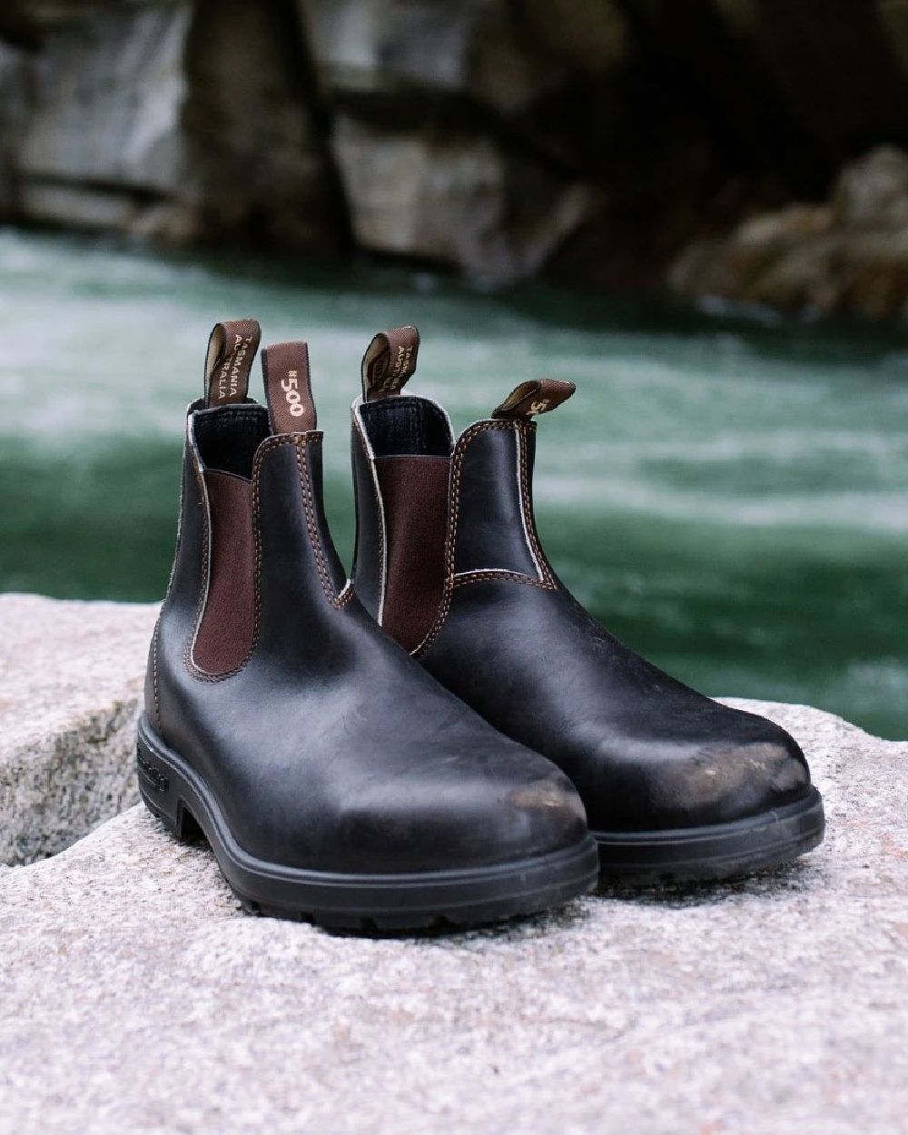 Stout Brown coloured Blundstone Original 500 Chelsea Boots on waterfall background #colour_stout-brown