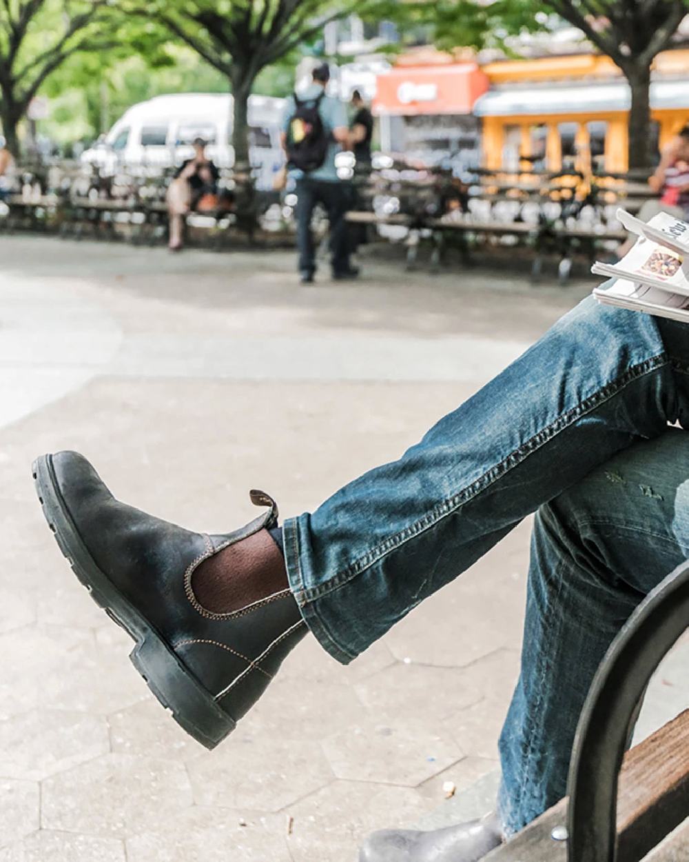 Stout Brown coloured Blundstone Original 500 Chelsea Boots on street background #colour_stout-brown
