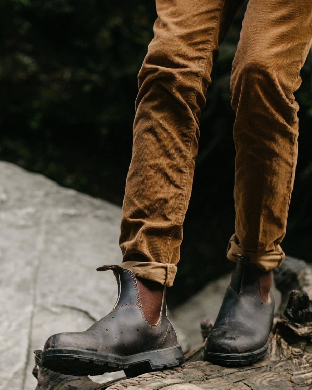 Stout Brown coloured Blundstone Original 500 Chelsea Boots on waterfall background #colour_stout-brown
