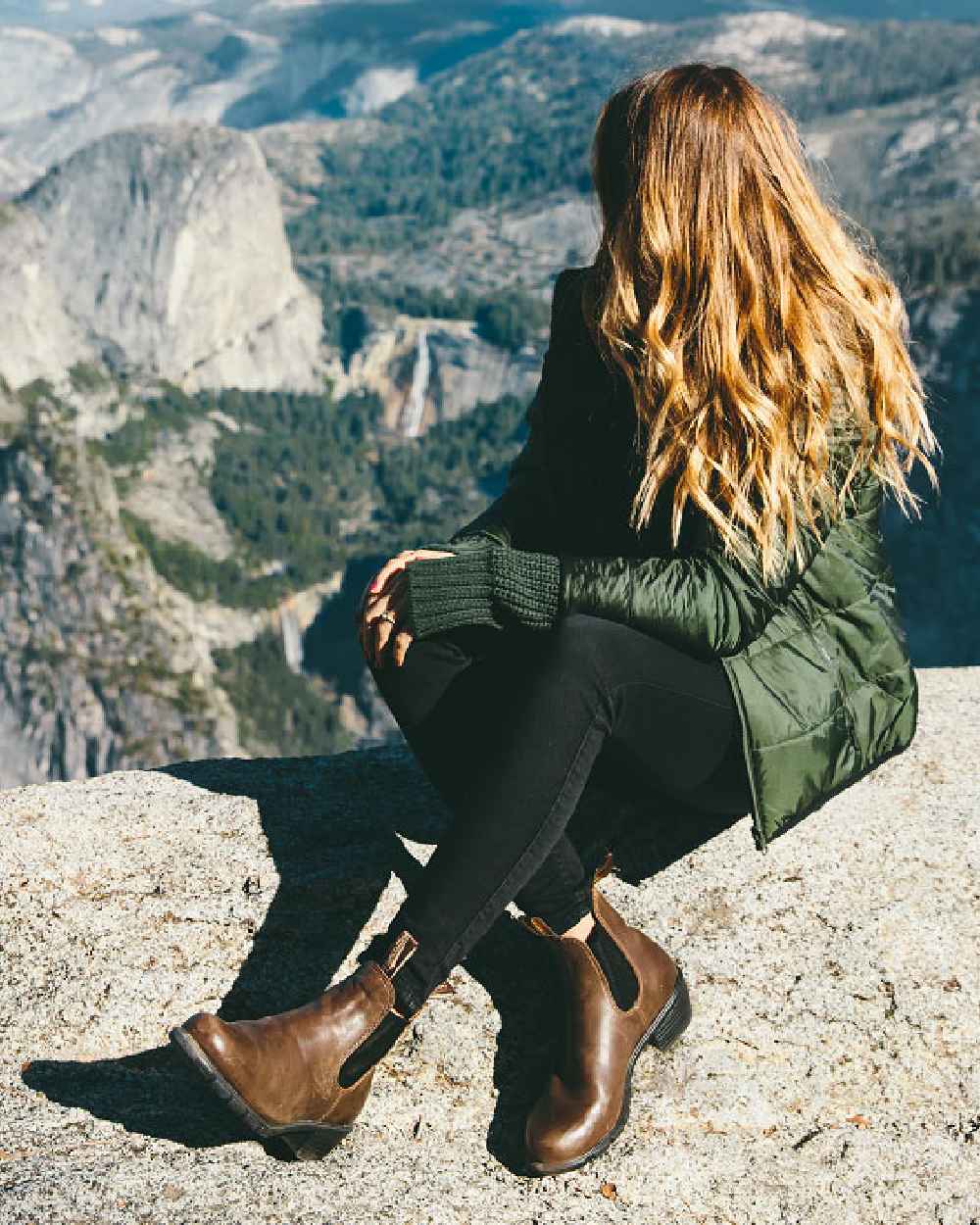 Antique Brown coloured Blundstone Womens 1673 Chelsea Boots on mountain background #colour_antique-brown