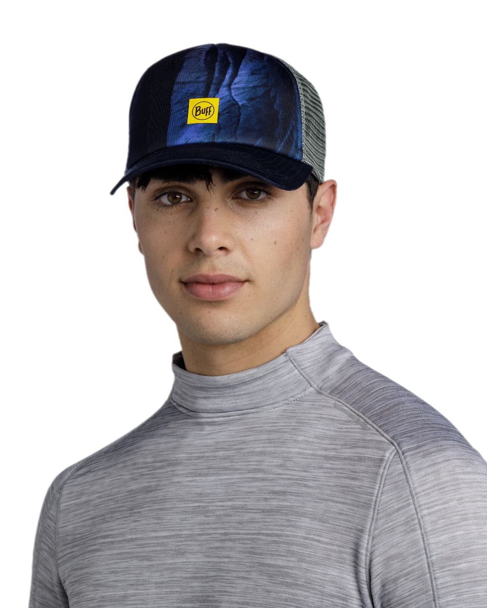 Blue Coloured Buff Arius Pro-Team Trucker Cap on white background #colour_blue