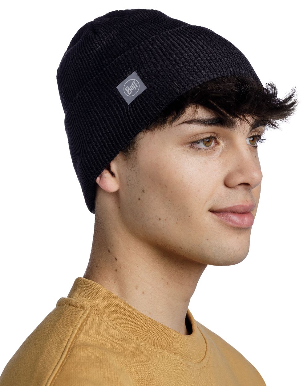 Black Coloured Buff CrossKnit Beanie on white background #colour_black