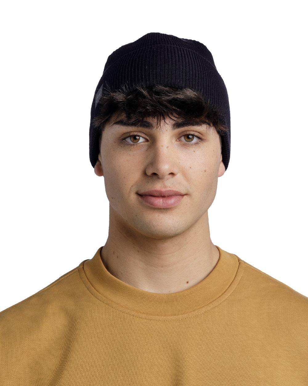 Black Coloured Buff CrossKnit Beanie on white background #colour_black
