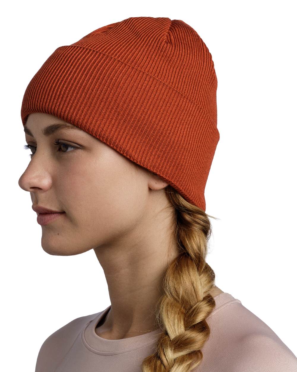 Cinnamon Coloured Buff CrossKnit Beanie on white background #colour_cinnamon