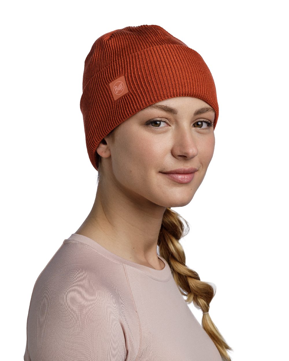 Cinnamon Coloured Buff CrossKnit Beanie on white background #colour_cinnamon
