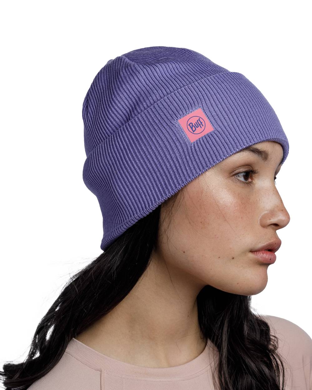 Iris Coloured Buff CrossKnit Beanie on white background #colour_iris