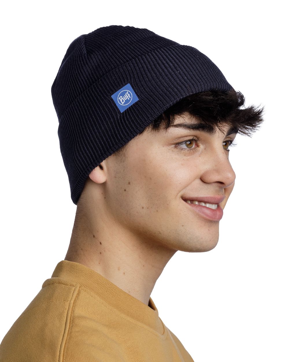 Night Blue Coloured Buff CrossKnit Beanie on white background #colour_night-blue