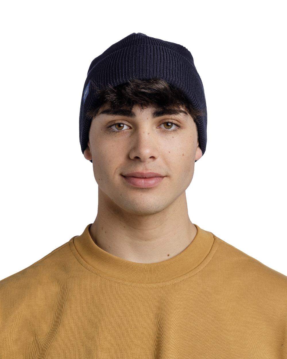 Night Blue Coloured Buff CrossKnit Beanie on white background #colour_night-blue