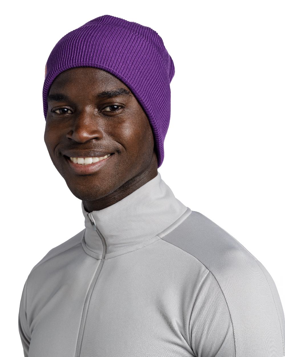 Purple Coloured Buff CrossKnit Beanie on white background #colour_purple