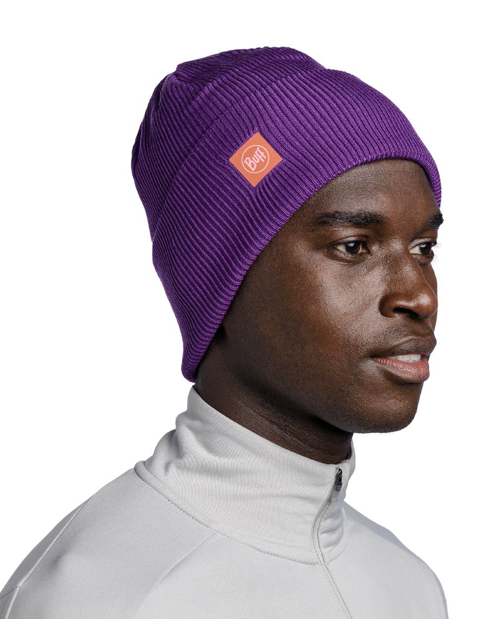 Purple Coloured Buff CrossKnit Beanie on white background #colour_purple