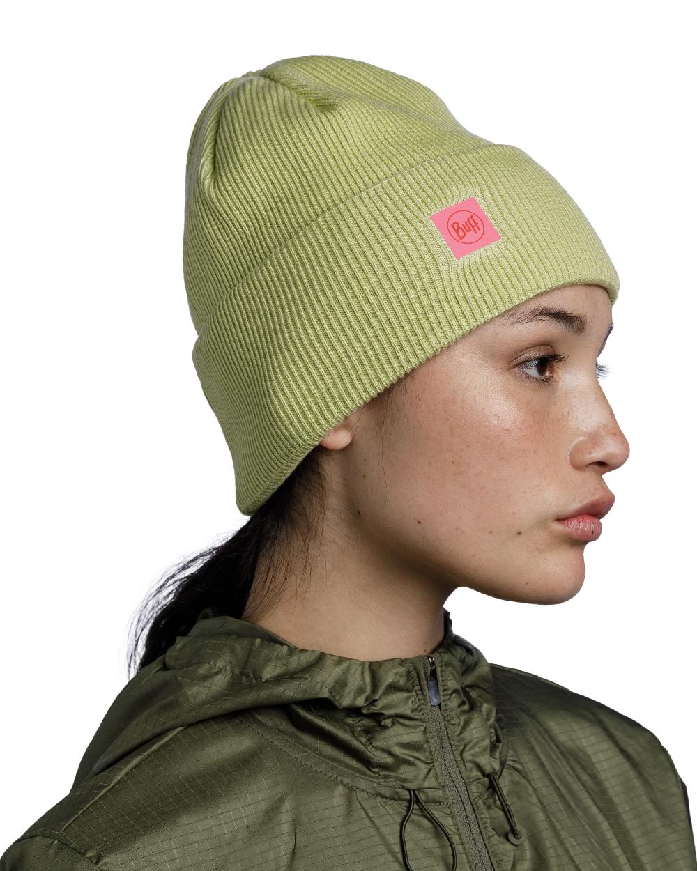 Sheen Yellow Coloured Buff CrossKnit Beanie on white background #colour_sheen-yellow