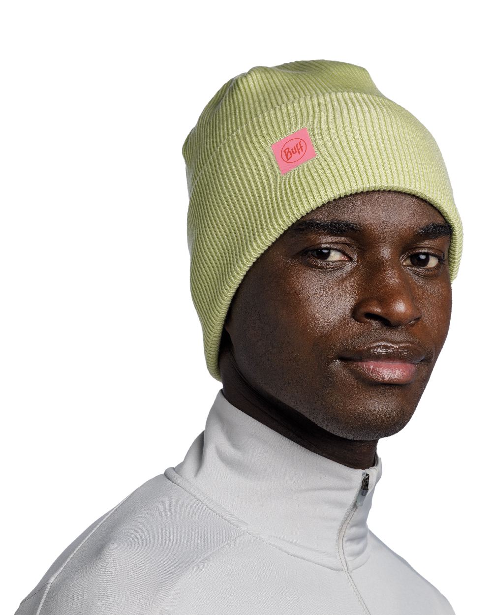 Sheen Yellow Coloured Buff CrossKnit Beanie on white background #colour_sheen-yellow