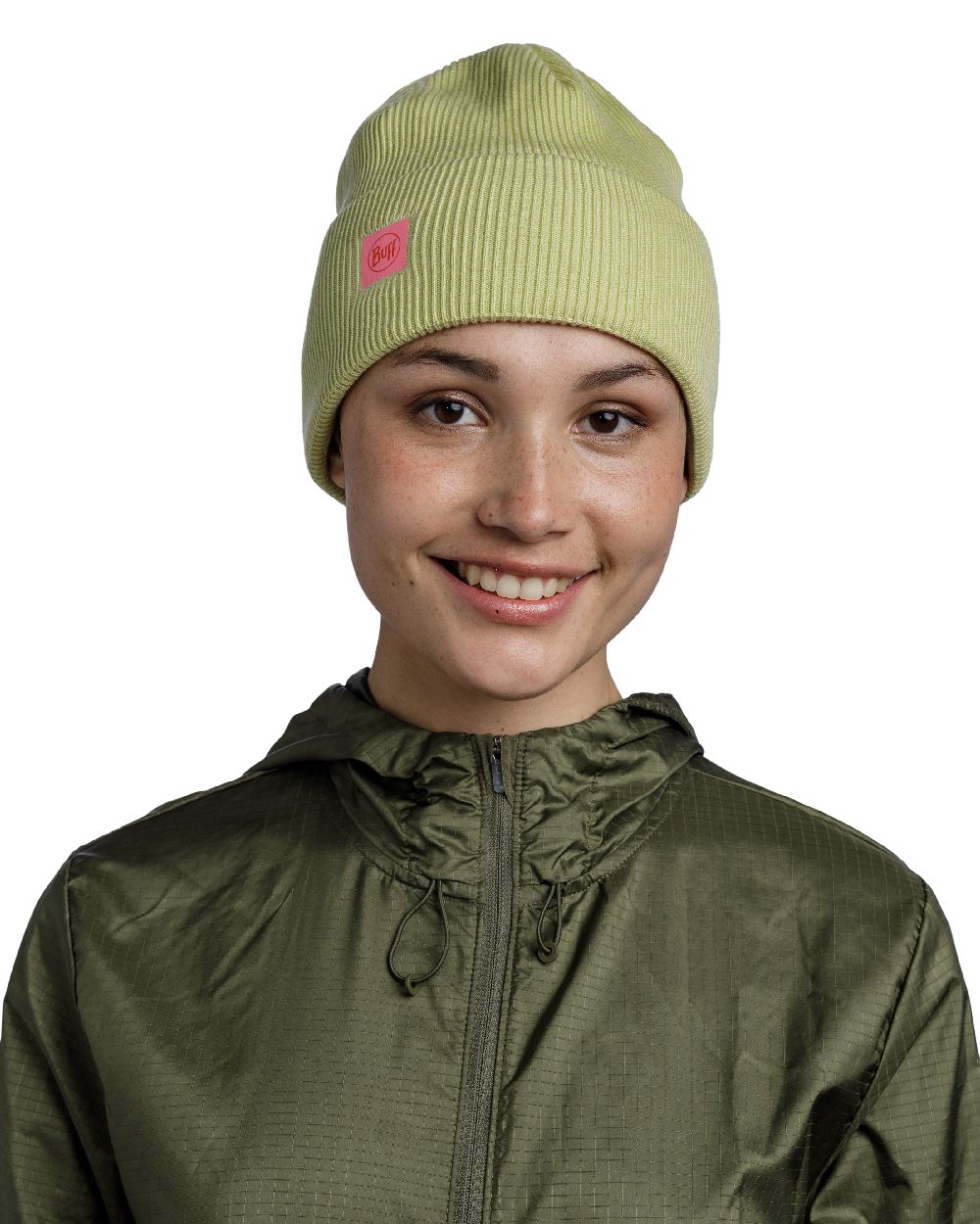 Sheen Yellow Coloured Buff CrossKnit Beanie on white background #colour_sheen-yellow