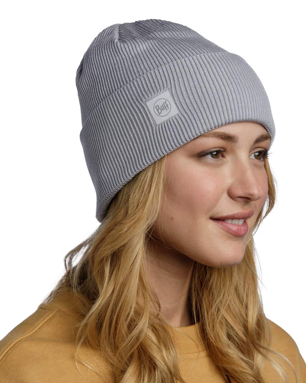 Solid Light Grey Coloured Buff CrossKnit Beanie on white background #colour_solid-light-grey