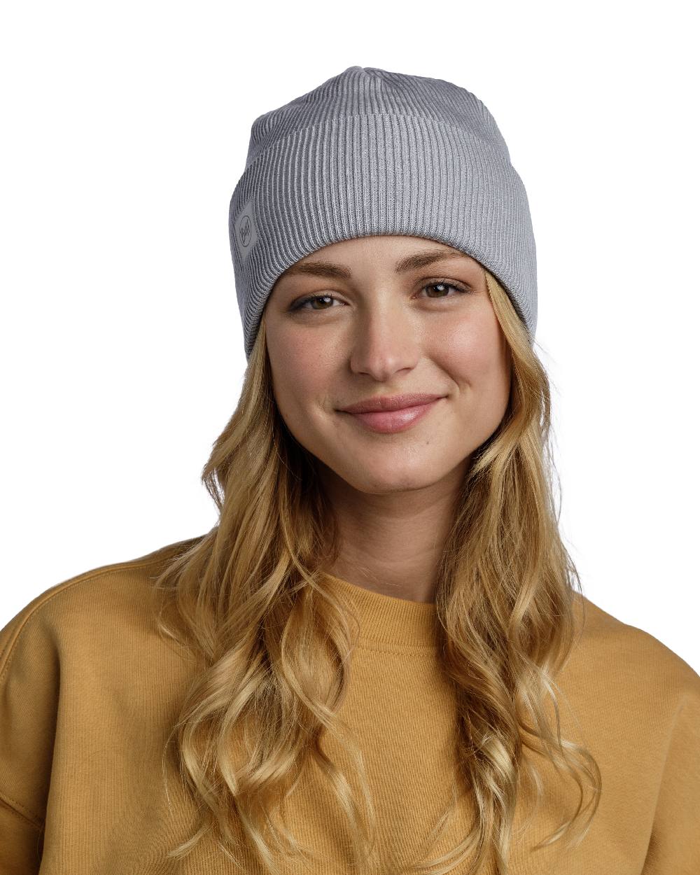 Solid Light Grey Coloured Buff CrossKnit Beanie on white background #colour_solid-light-grey