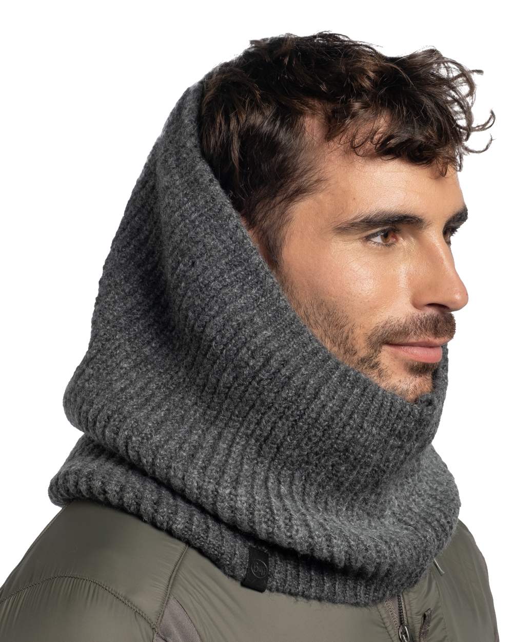 Graphite coloured Buff Datma Knitted Neckwarmer on white background #colour_graphite