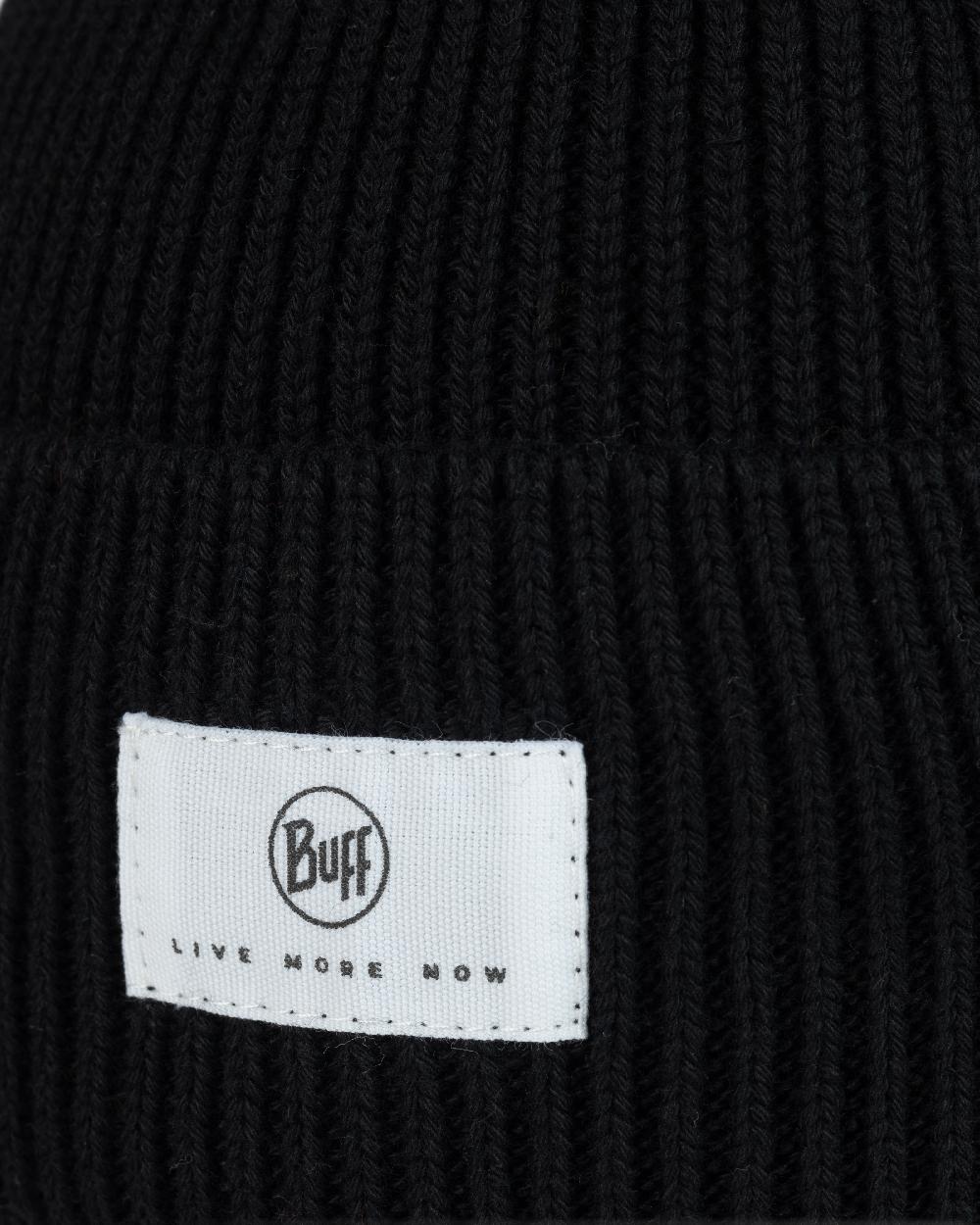 Black Coloured Buff Drisk Knitted Beanie on white background #colour_black
