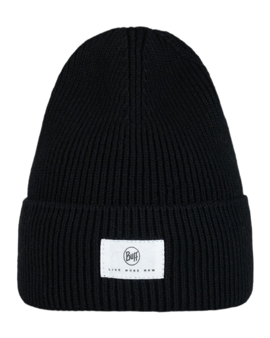 Black Coloured Buff Drisk Knitted Beanie on white background #colour_black