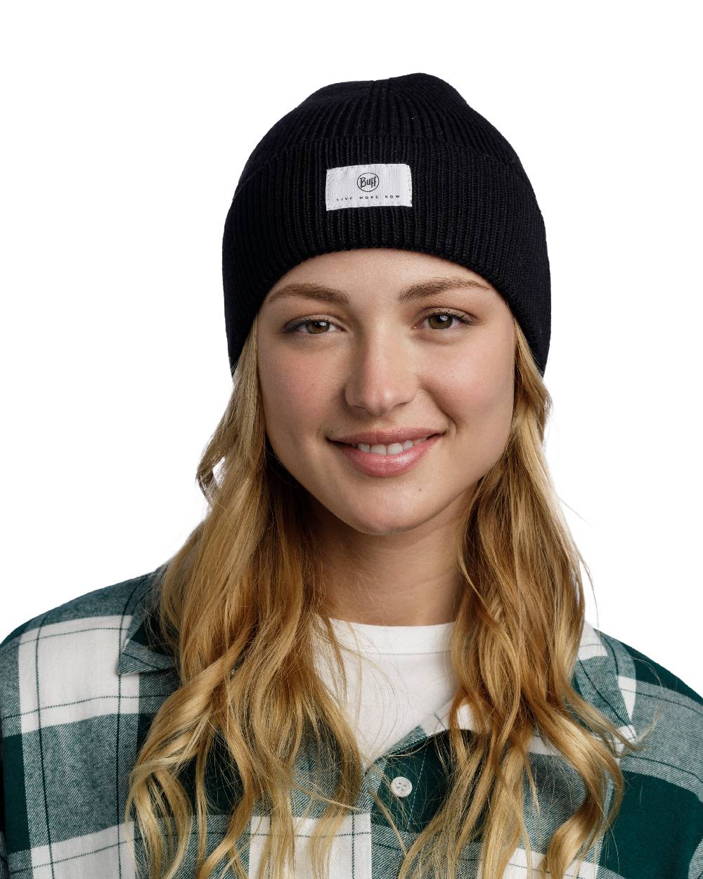 Black Coloured Buff Drisk Knitted Beanie on white background #colour_black