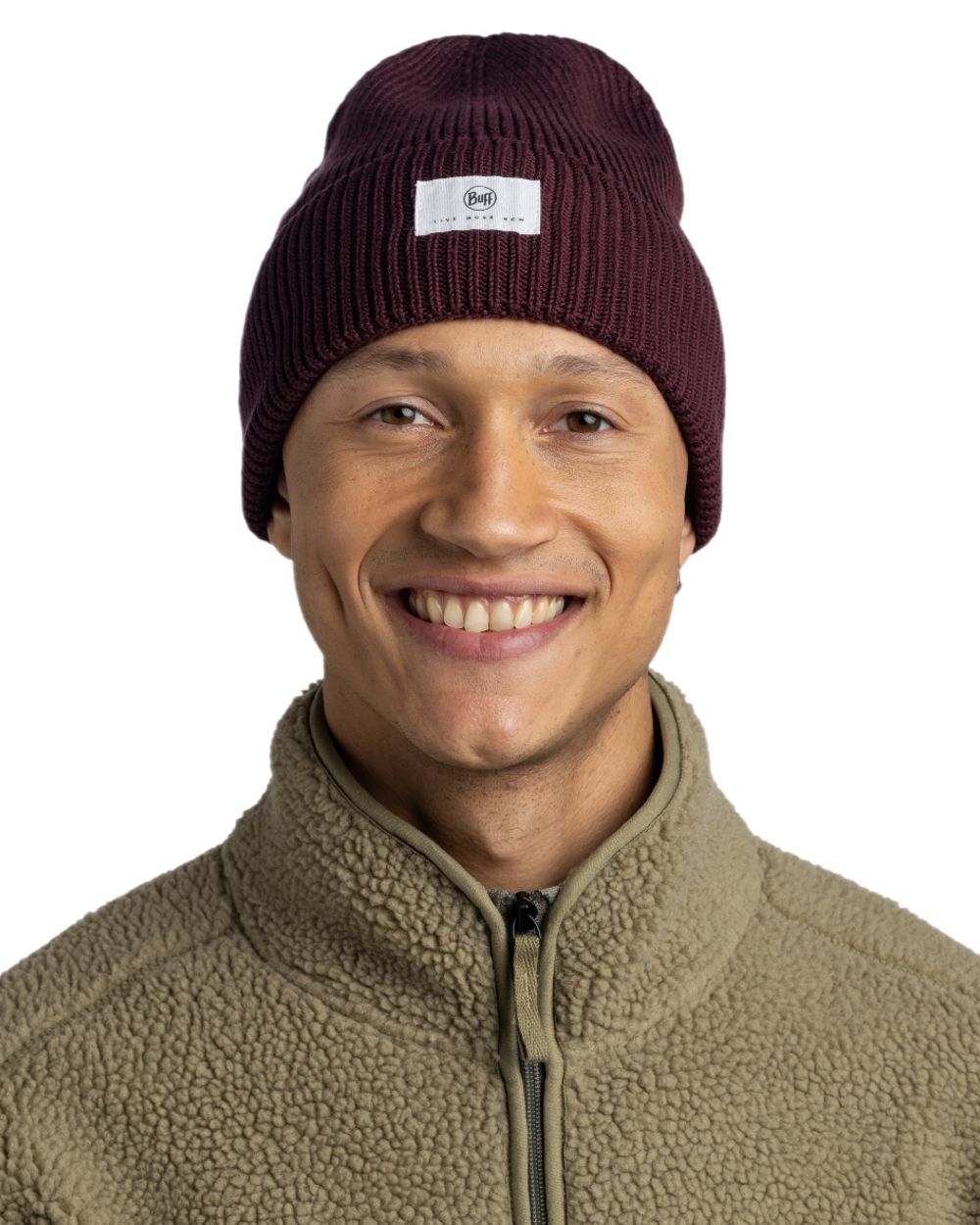 Burgundy Coloured Buff Drisk Knitted Beanie on white background #colour_burgundy
