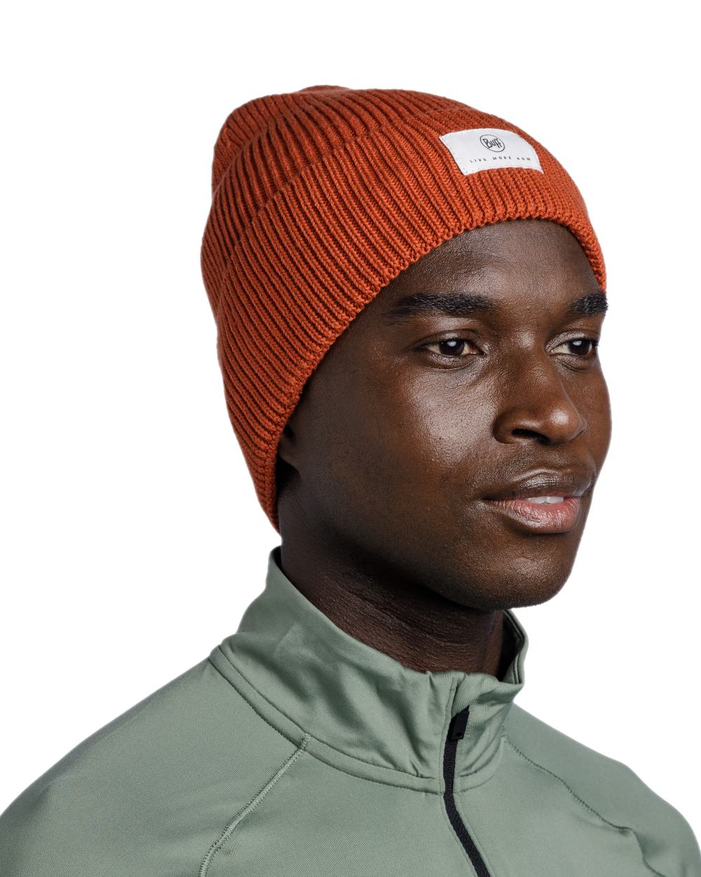 Cinnamon Coloured Buff Drisk Knitted Beanie on white background #colour_cinnamon