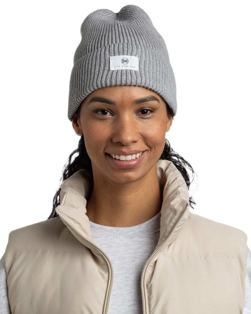 Grey Coloured Buff Drisk Knitted Beanie on white background #colour_grey