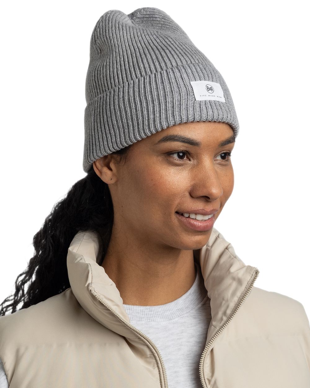 Grey Coloured Buff Drisk Knitted Beanie on white background #colour_grey