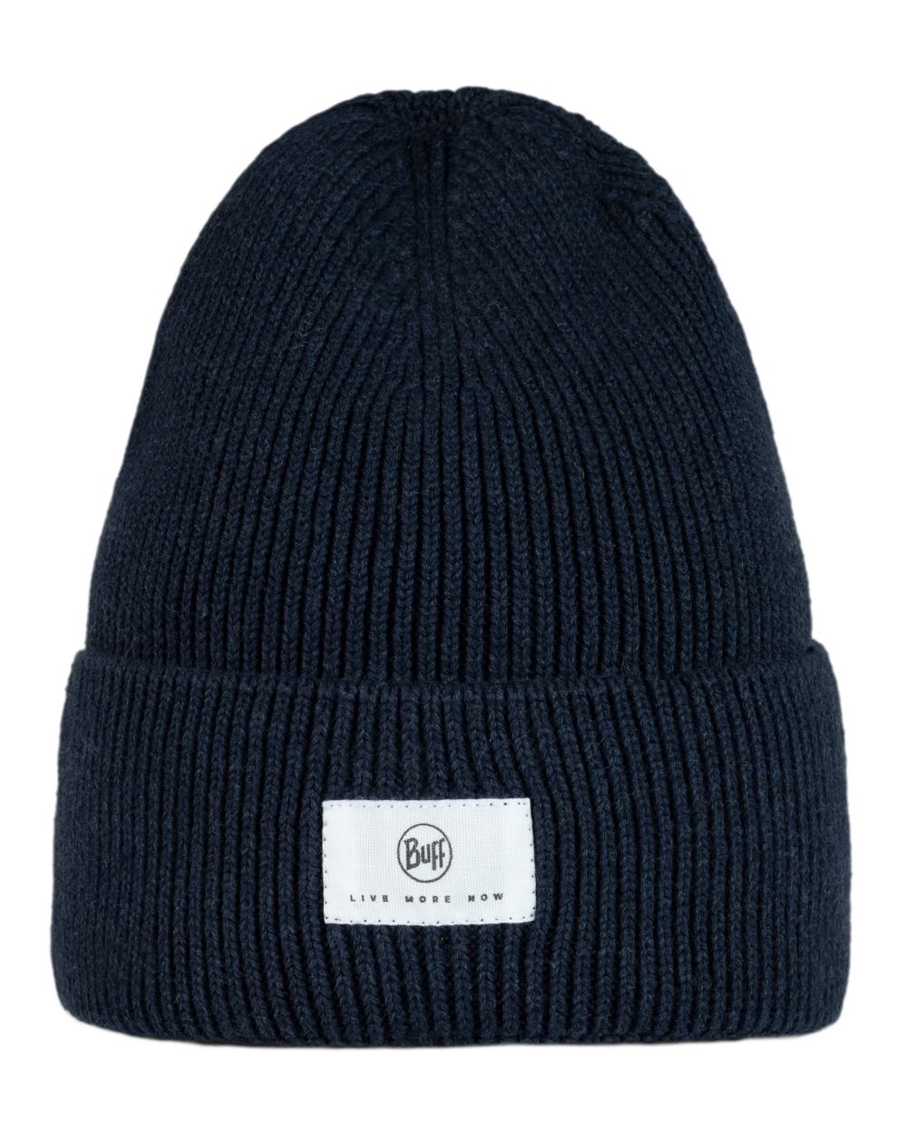 Night Blue Coloured Buff Drisk Knitted Beanie on white background #colour_night-blue