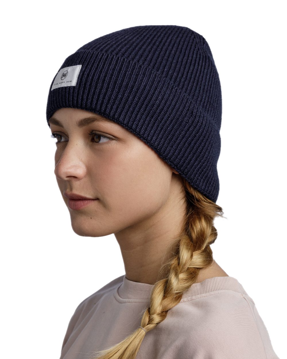 Night Blue Coloured Buff Drisk Knitted Beanie on white background #colour_night-blue