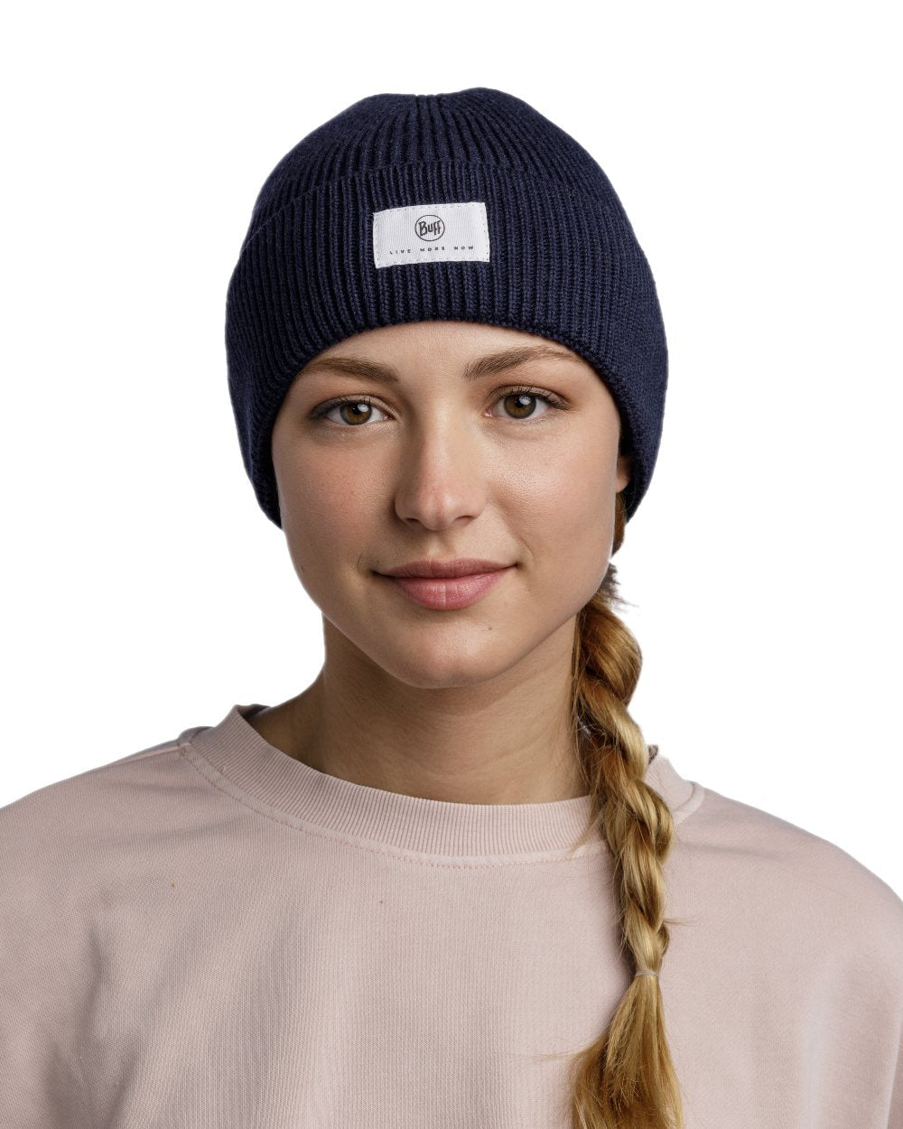 Night Blue Coloured Buff Drisk Knitted Beanie on white background #colour_night-blue