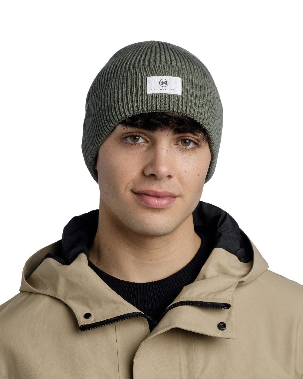 Silversage Coloured Buff Drisk Knitted Beanie on white background #colour_silversage
