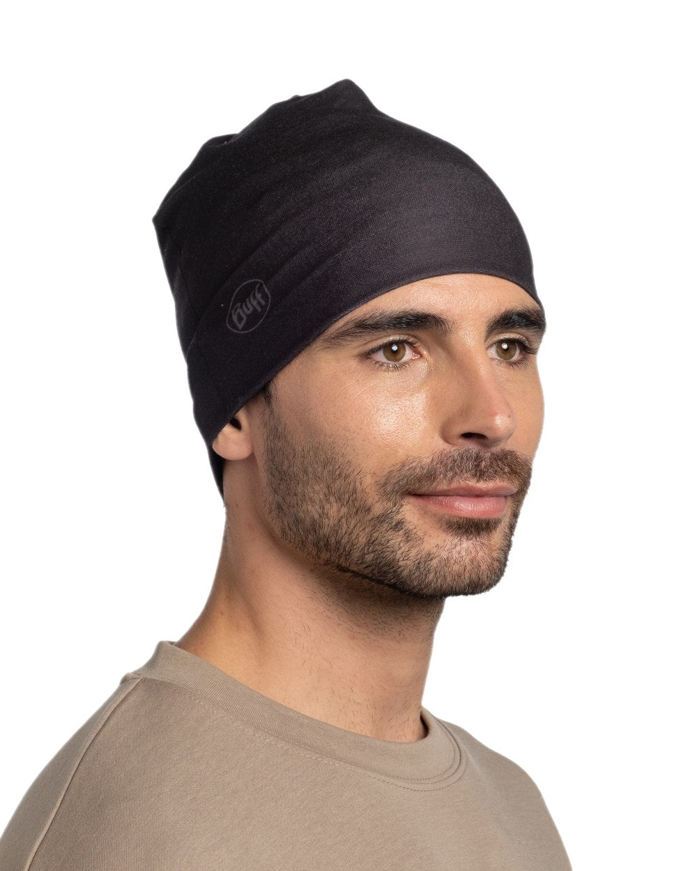 Black Coloured Buff Ecostretch Beanie on white background #colour_black