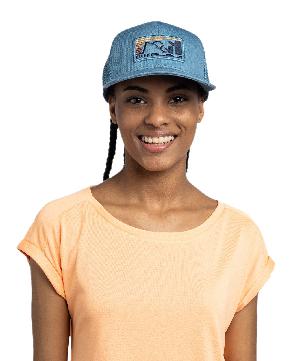 Blue Coloured Buff Explore Trucker Cap on white background #colour_blue